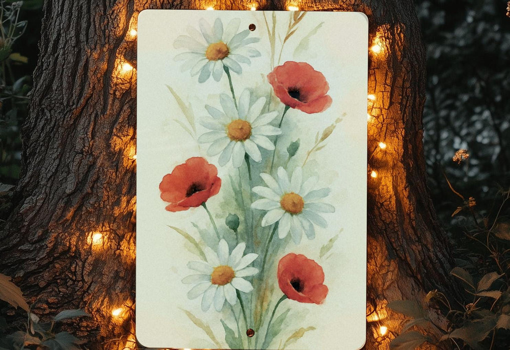 a painting of red and white flowers on a tree