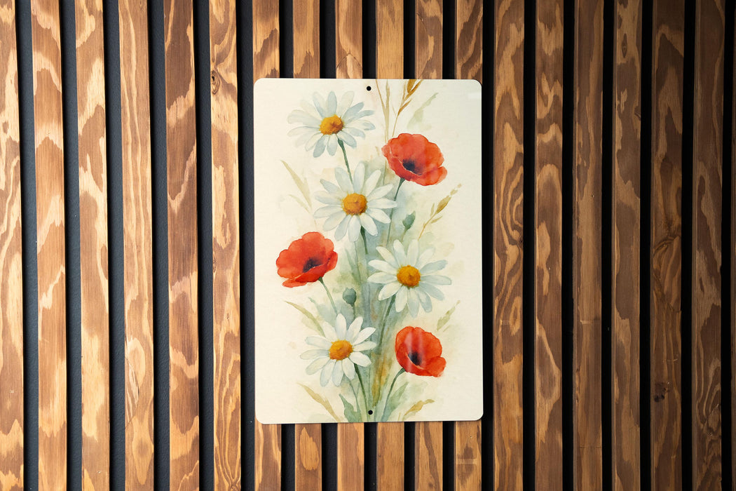 a painting of red and white flowers on a wooden wall