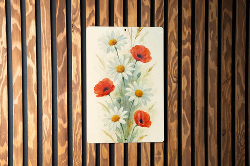 a painting of red and white flowers on a wooden wall