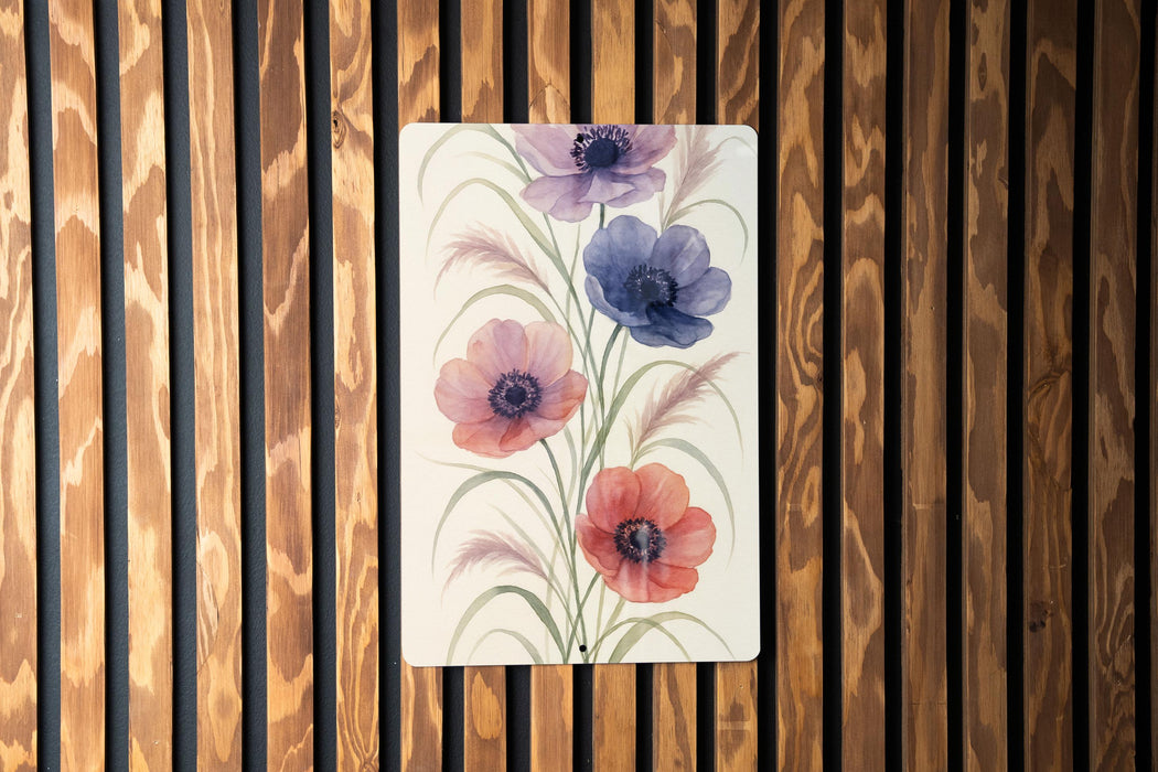 Vertical Metal Wall Art | Watercolor Anemones & Ornamental Grasses | Modern Botanical Home Decor | 1:4 Ratio Metal Sign