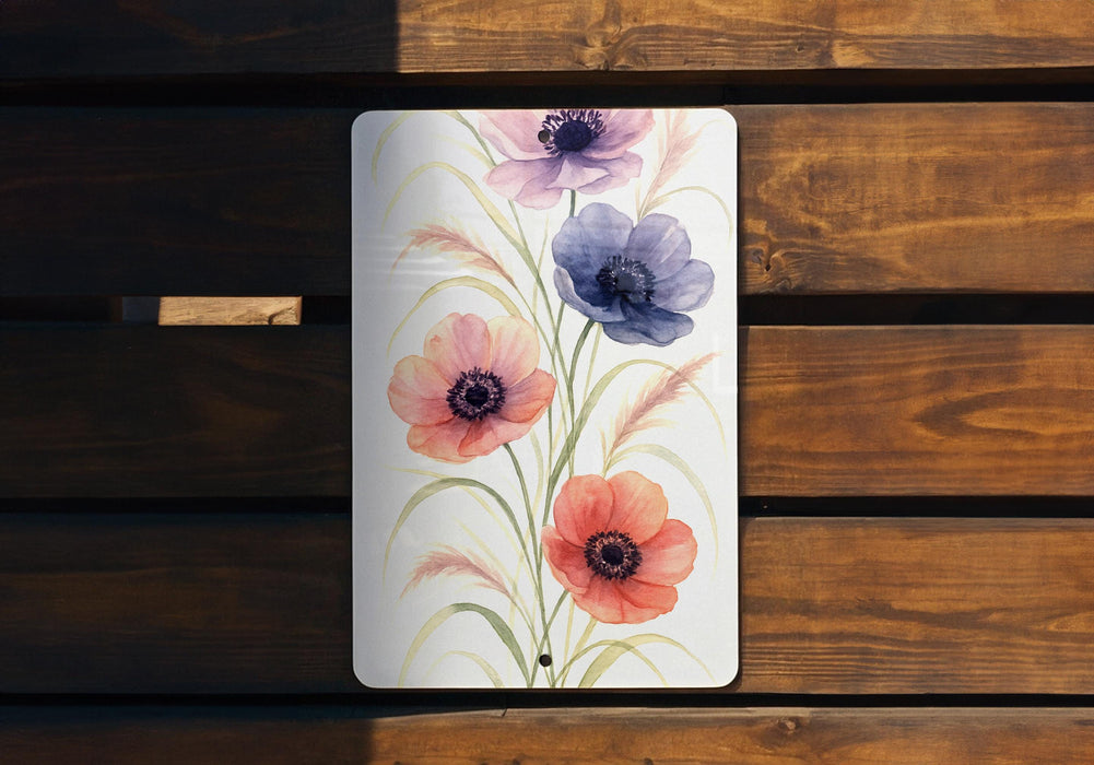 Vertical Metal Wall Art | Watercolor Anemones & Ornamental Grasses | Modern Botanical Home Decor | 1:4 Ratio Metal Sign