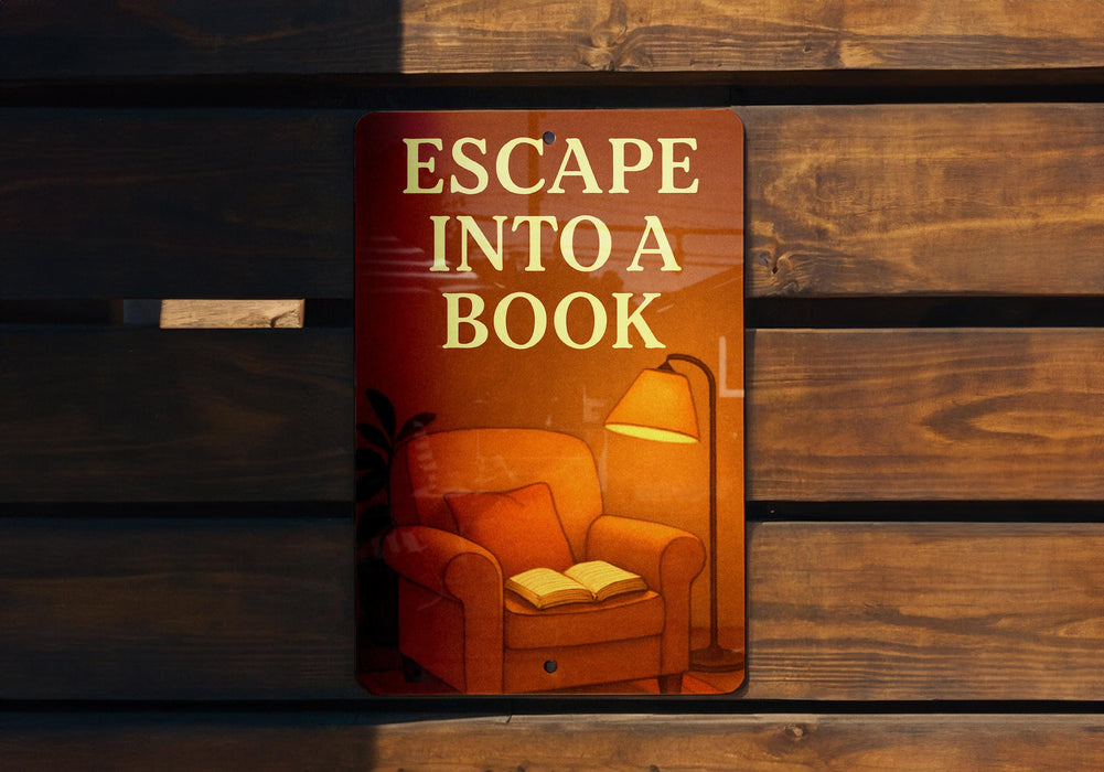 a sign on a wooden bench that says escape into a book