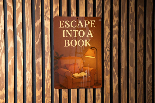 a sign on a wall that says escape into a book