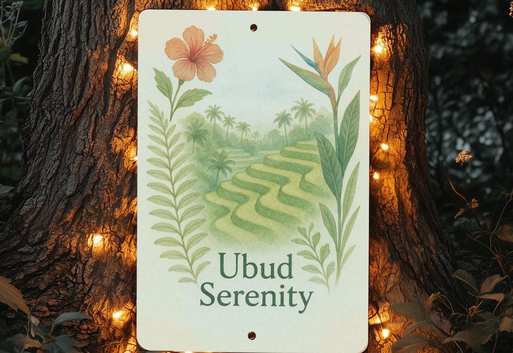 a sign that reads ubud serenity on a tree