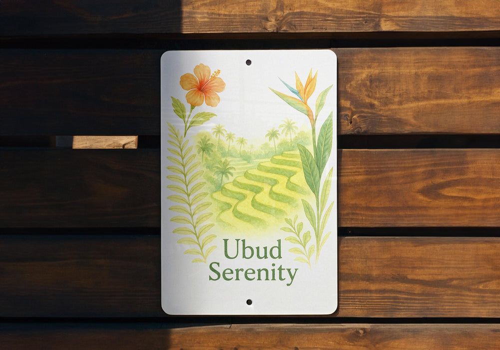 a sign on a wooden bench that says ubud serenity