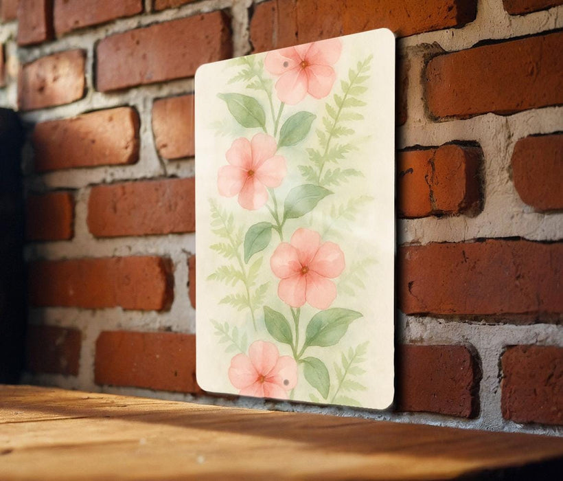 a painting of pink flowers on a brick wall