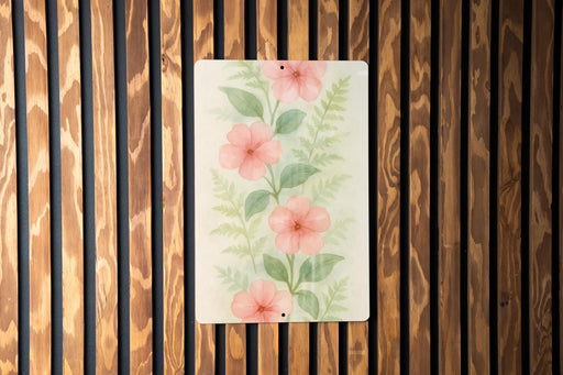a painting of pink flowers on a wooden wall