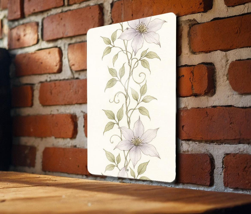 a picture hanging on a brick wall next to a wooden table