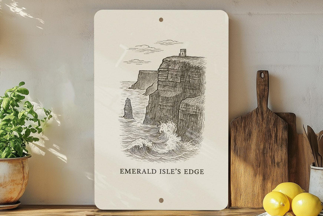 a sign on a shelf with a picture of a cliff