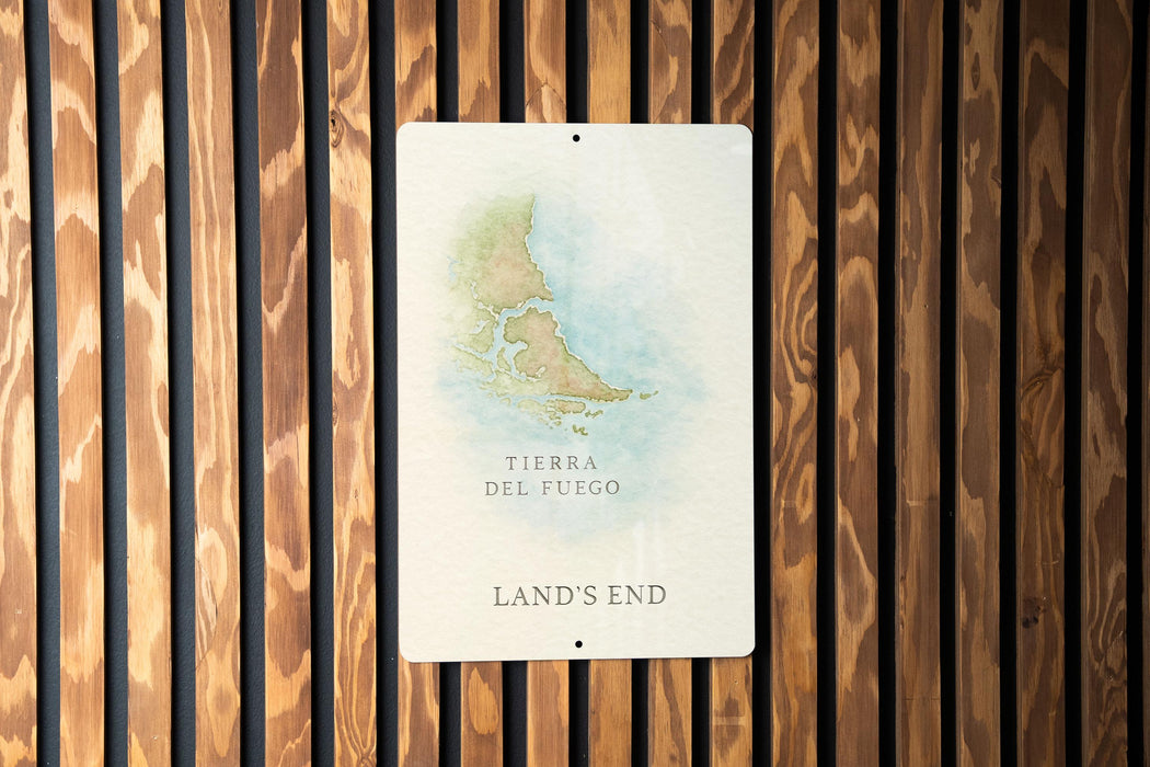 Tierra del Fuego Watercolor Metal Sign – Land’s End Argentina Wall Art, Rustic Travel Decor, Patagonian Archipelago Gift