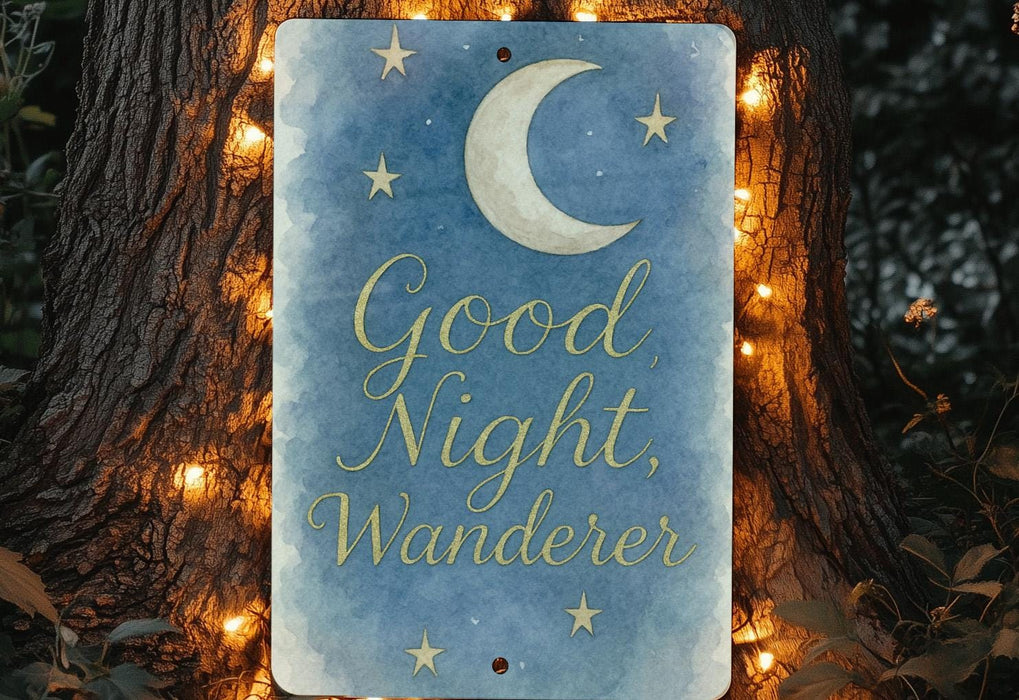 a sign that says good night, wanderr on it