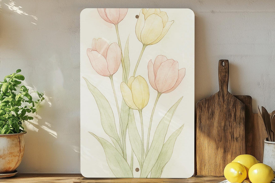 a painting of tulips on a wall next to a cutting board