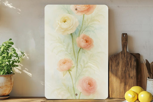 a painting of flowers on a wall next to a cutting board