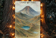 a painting of a mountain surrounded by lights