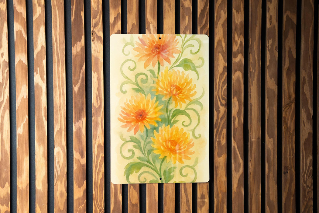 a painting of yellow flowers on a wooden wall