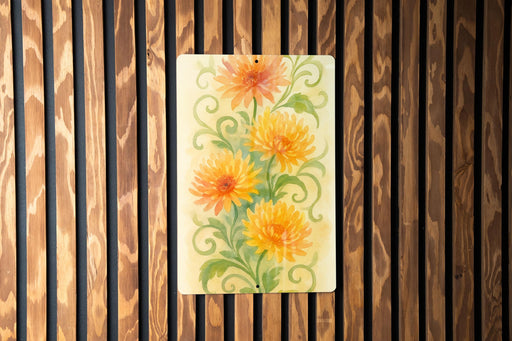 a painting of yellow flowers on a wooden wall