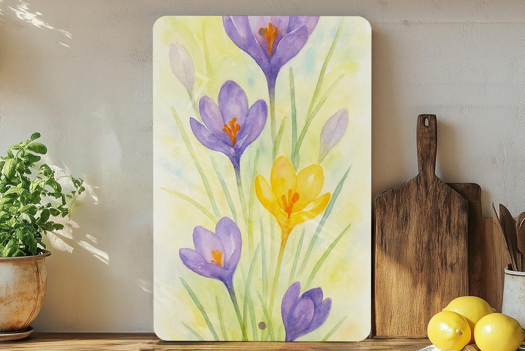 a painting of purple and yellow flowers on a shelf