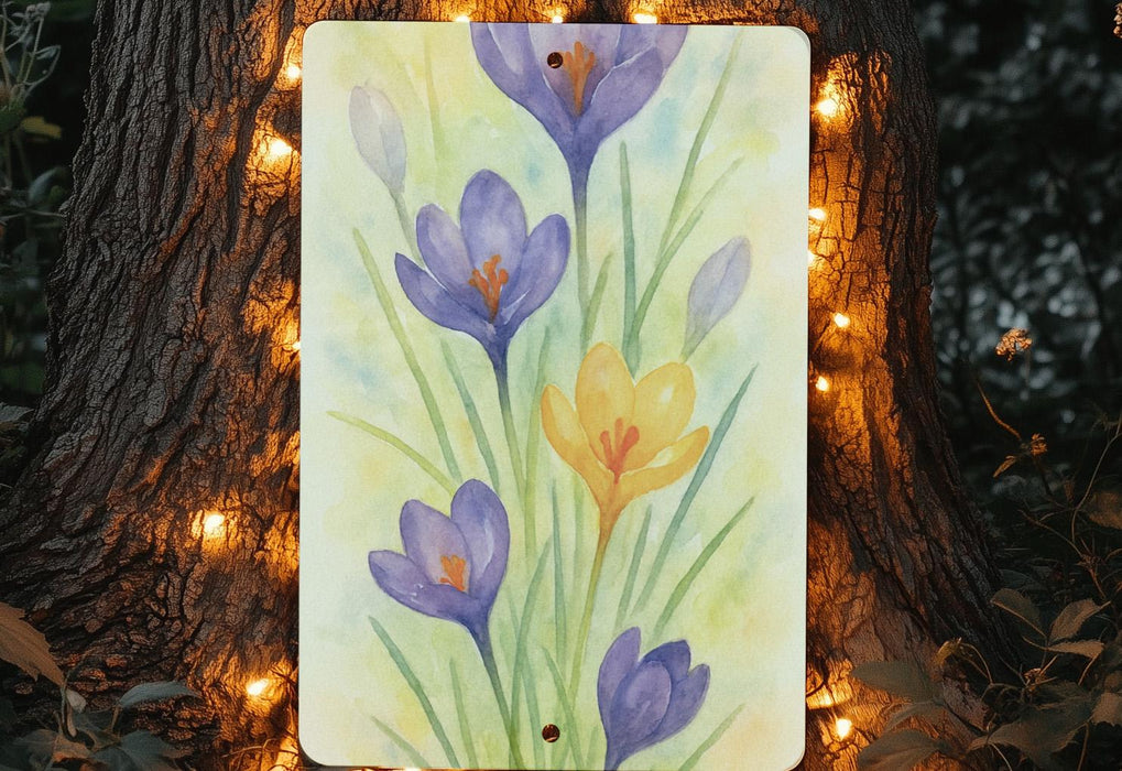 Vertical Metal Sign with Watercolor Garden Crocuses – Spring Floral Wall Art, Narrow Rustic Home Décor, Freeform Botanical Design