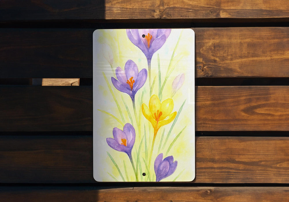 a painting of purple and yellow flowers on a wooden bench