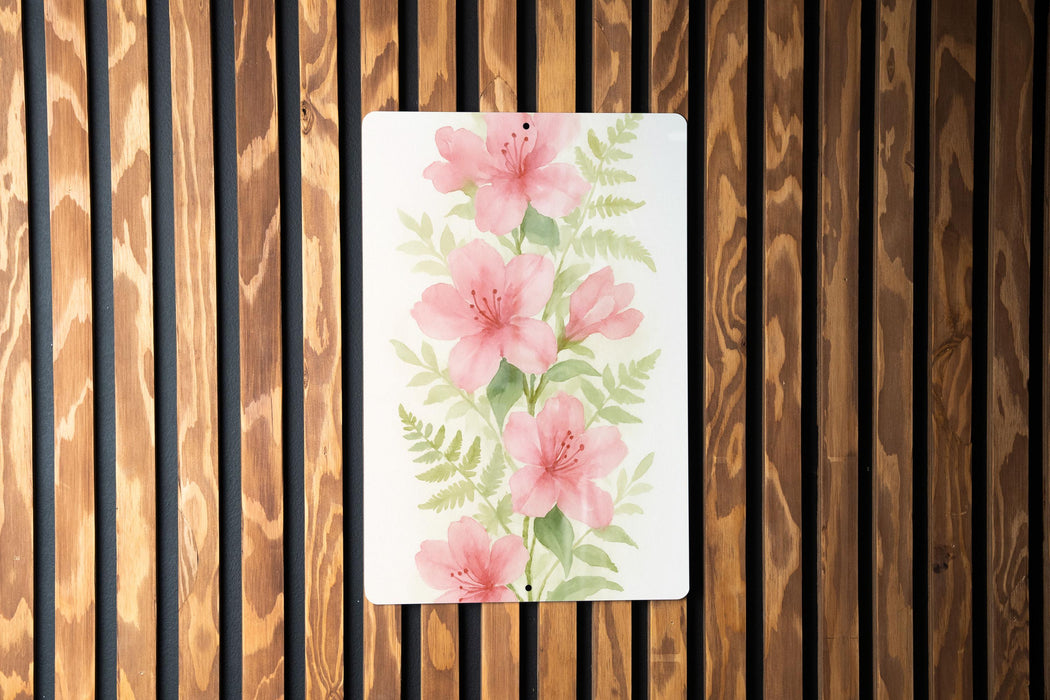 a painting of pink flowers on a wooden wall