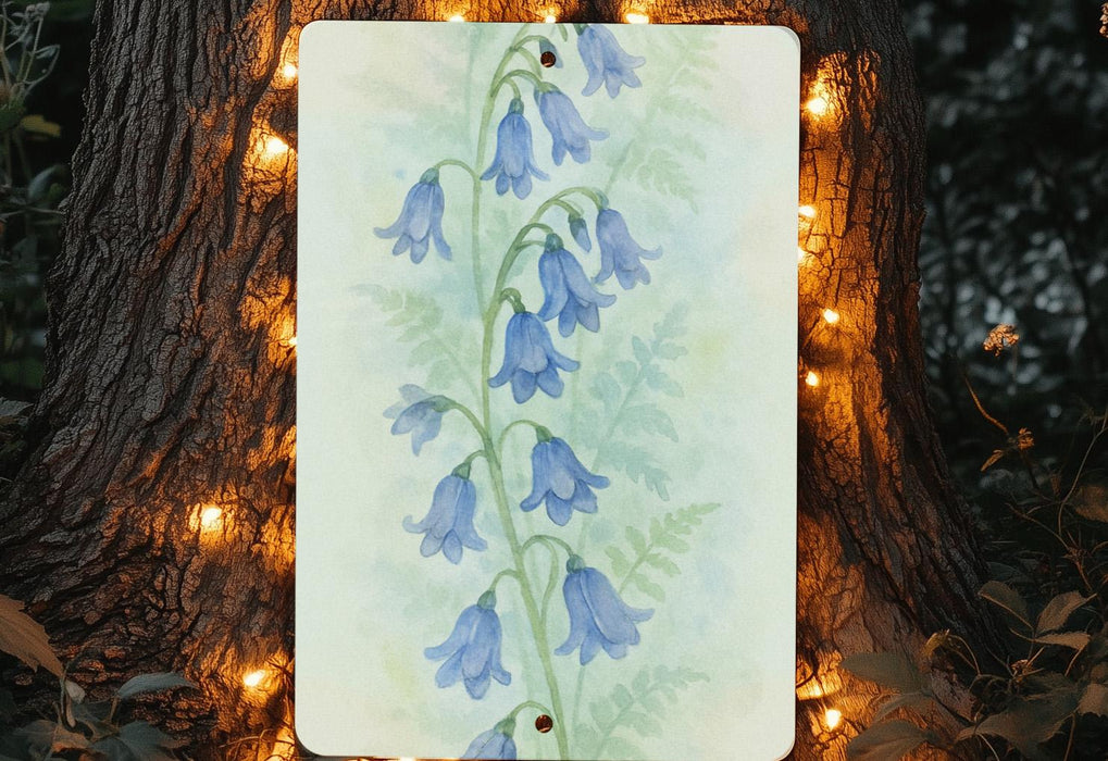 a painting of bluebells is hanging on a tree