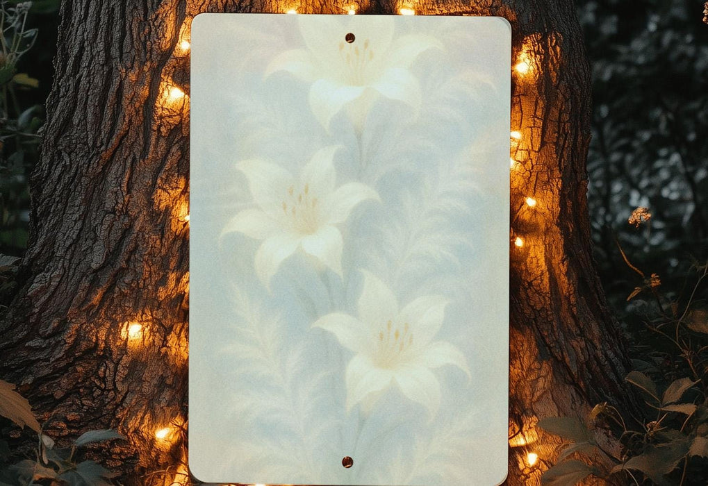 a picture hanging on a tree with a string of lights around it