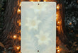 a picture hanging on a tree with a string of lights around it
