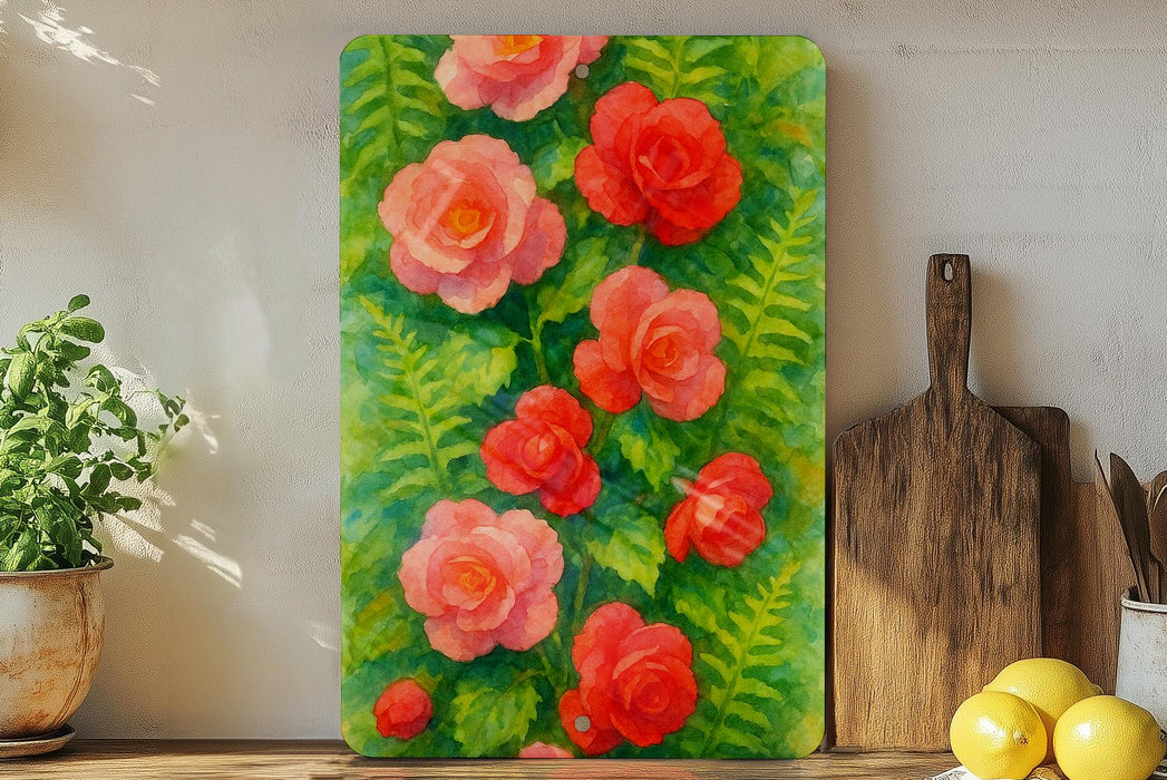 a painting of red flowers on a green background