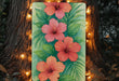 a painting of red and pink flowers on a green background