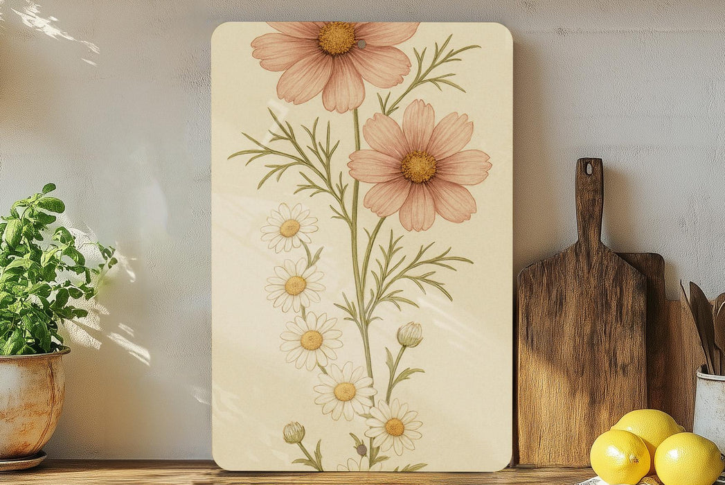 a painting of flowers on a wall next to a cutting board