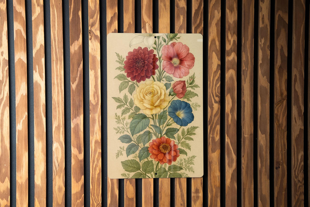 a painting of flowers on a wooden wall
