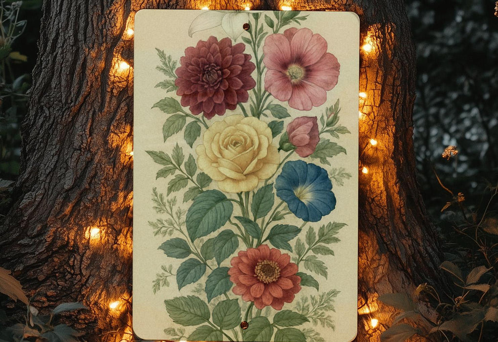 a painting of flowers on a tree with a string of lights