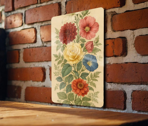 a painting of flowers on a brick wall
