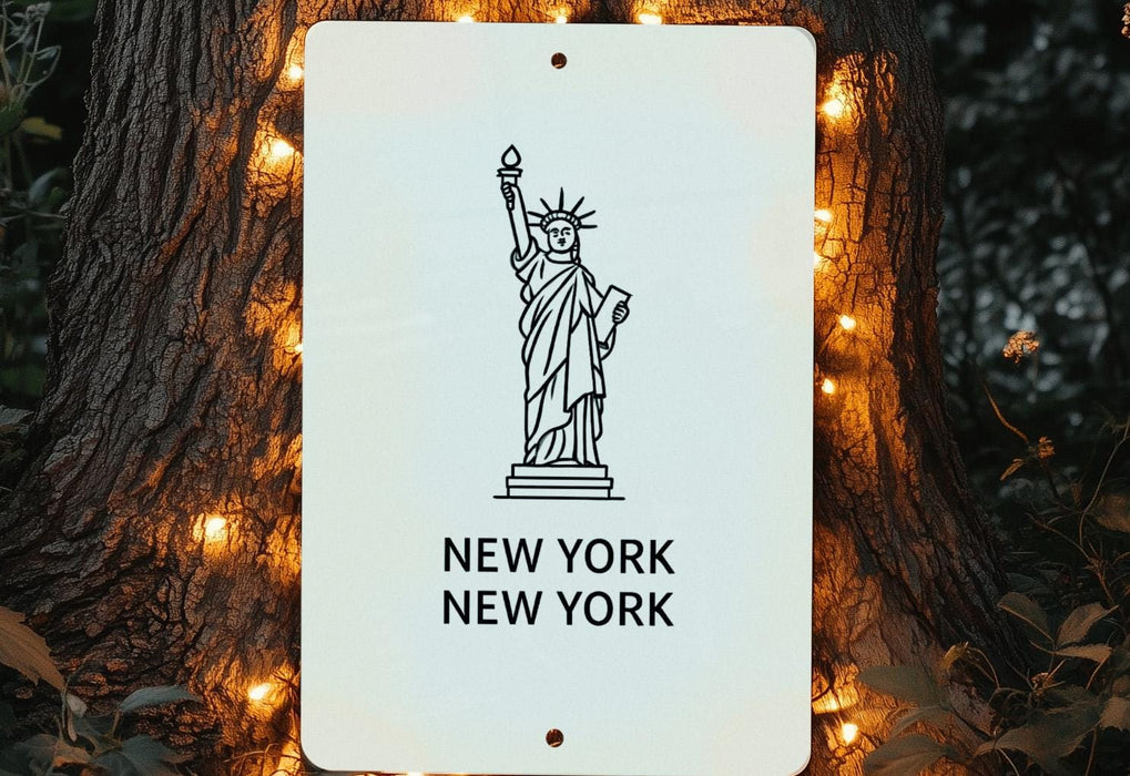 a sign with a statue of liberty on it