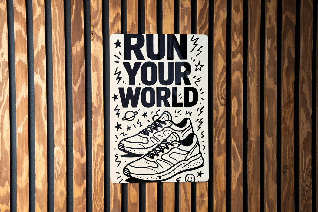 a sign on a wooden wall that says run your world