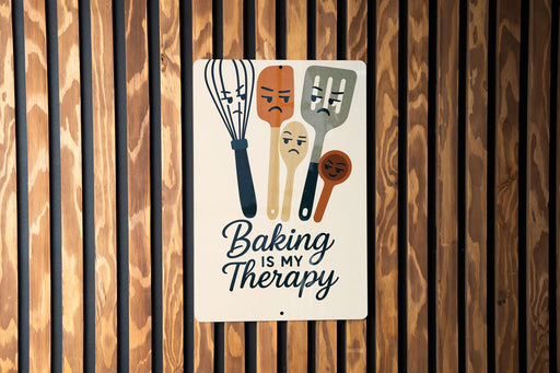 a sign that says baking is my therapy