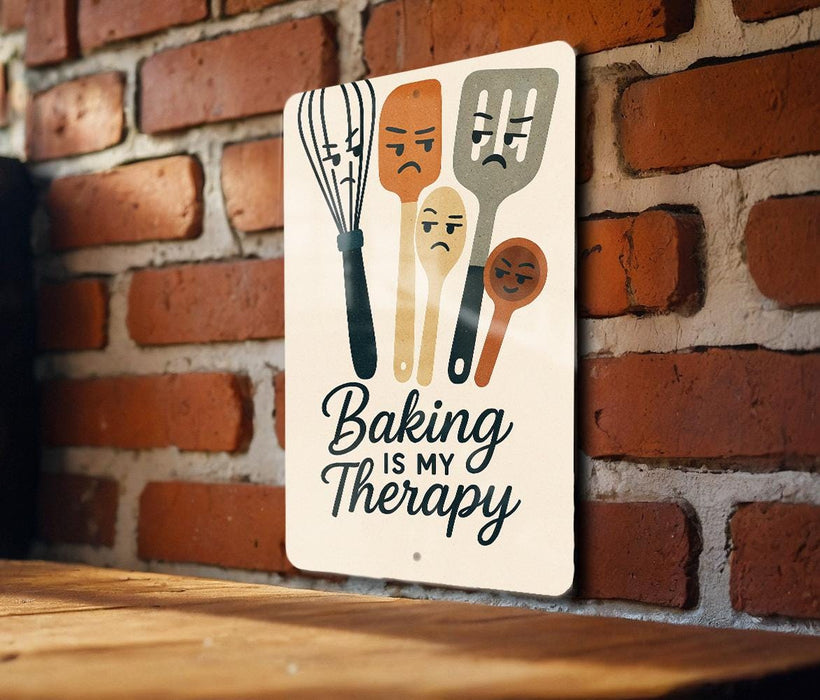 a sign on a brick wall that says baking is my therapy