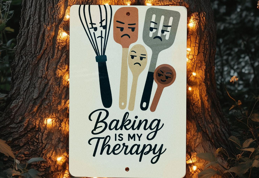 a sign that says baking is my therapy