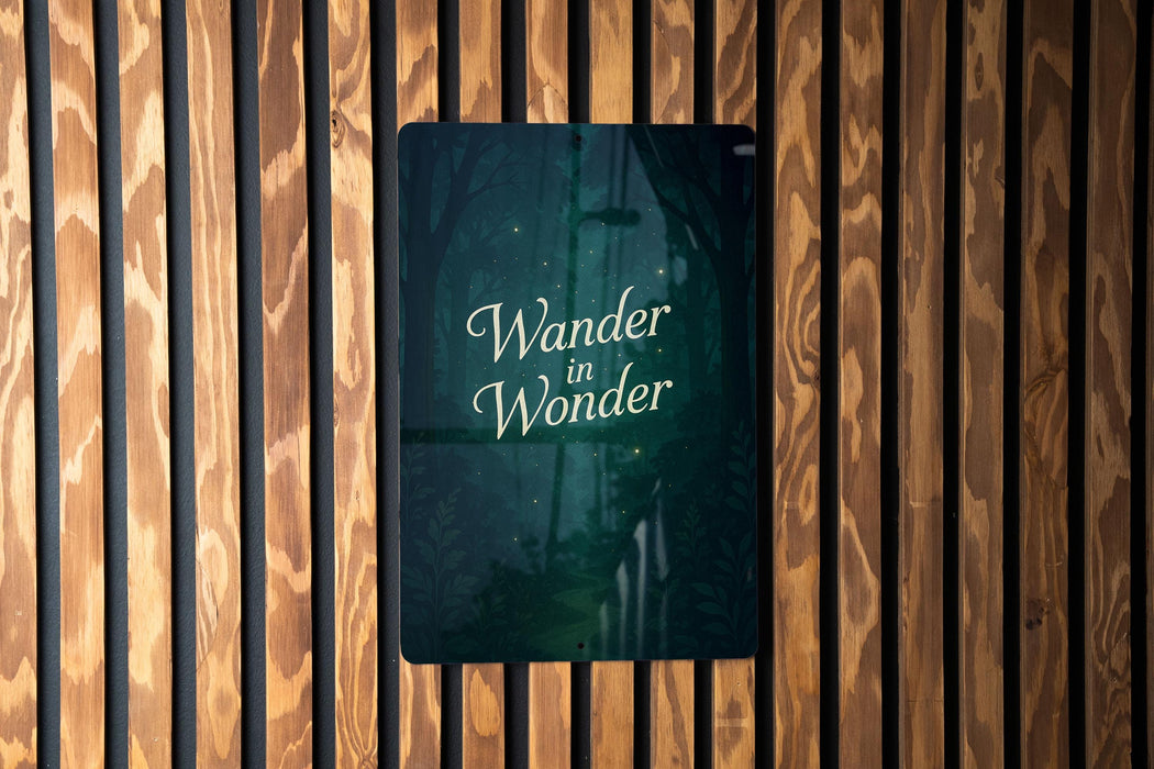 a wooden wall with a sign that says wander in wonder