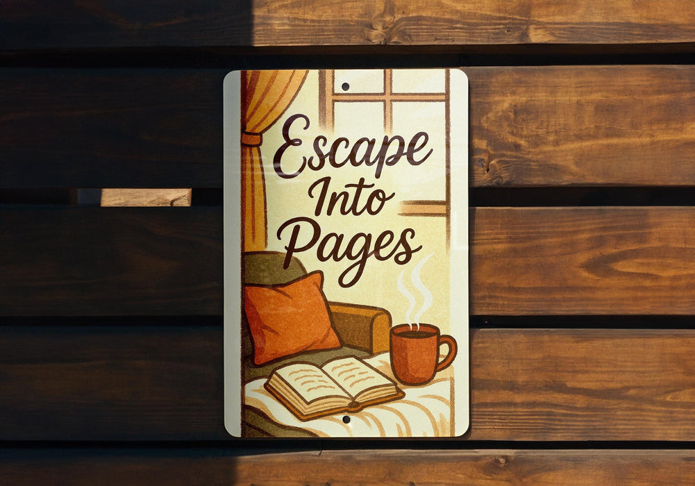 a sign that says escape into pages on a wooden bench