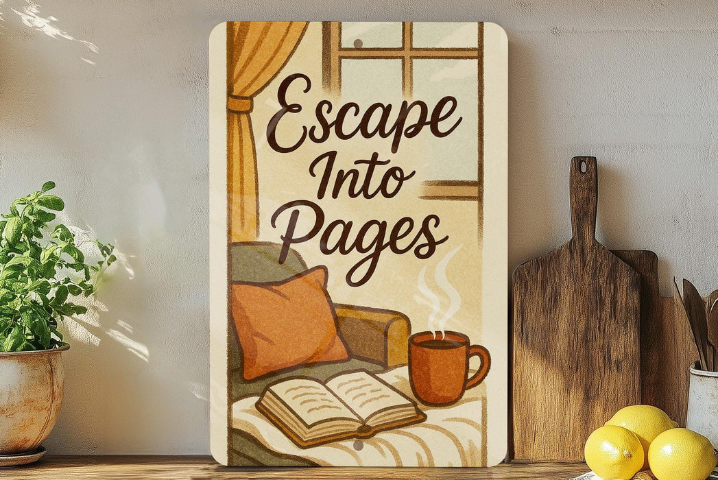 a sign that says escape into pages on a shelf