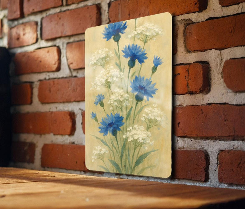 a painting of blue flowers on a brick wall