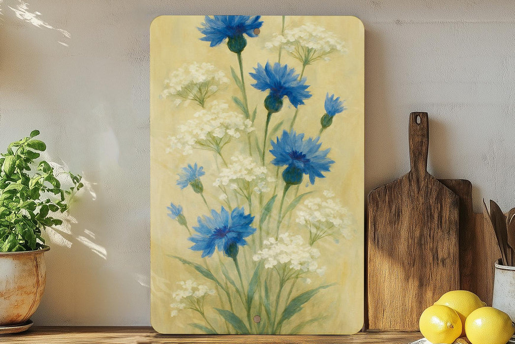 a painting of blue flowers on a yellow background