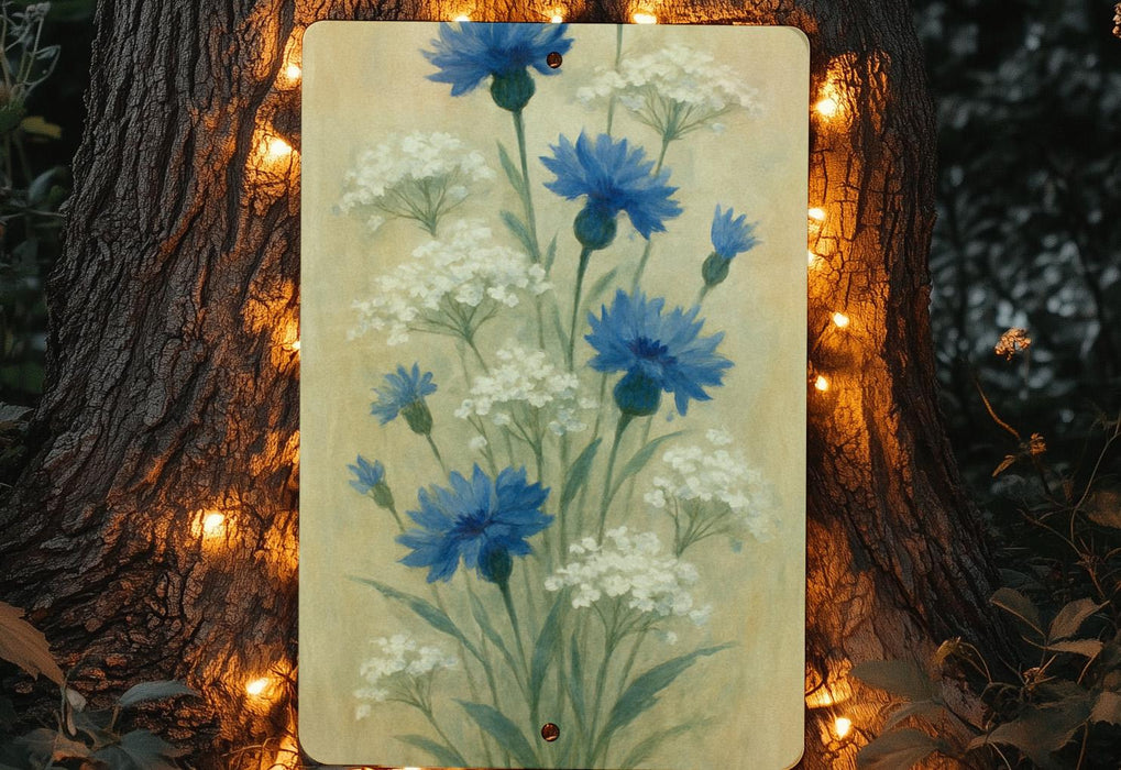 a painting of blue and white flowers on a tree