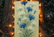 a painting of blue and white flowers on a tree