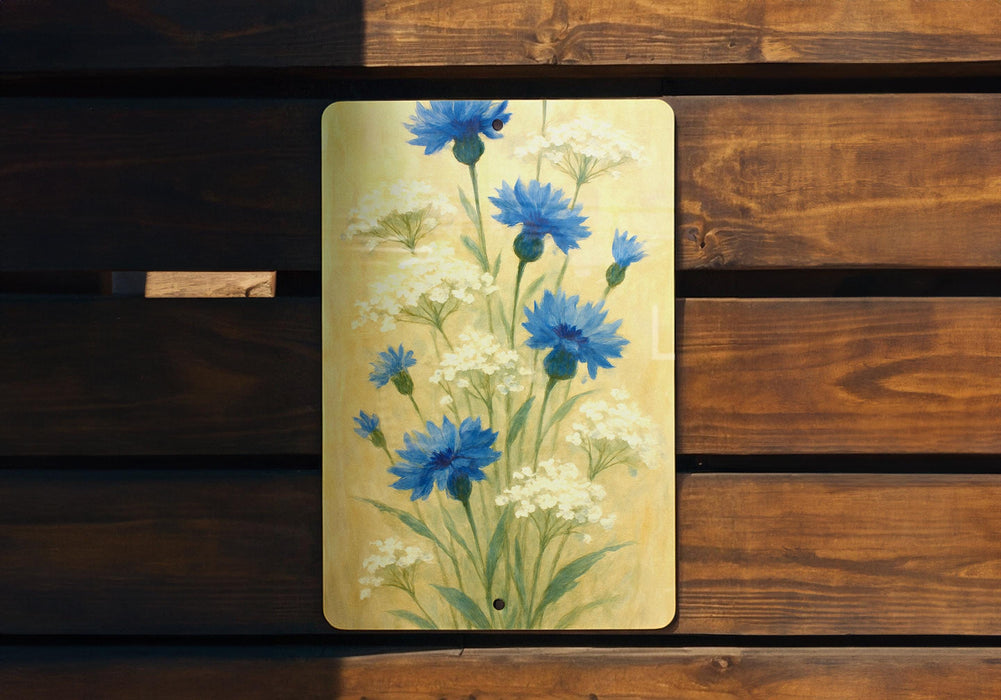 a painting of blue and white flowers on a wooden bench