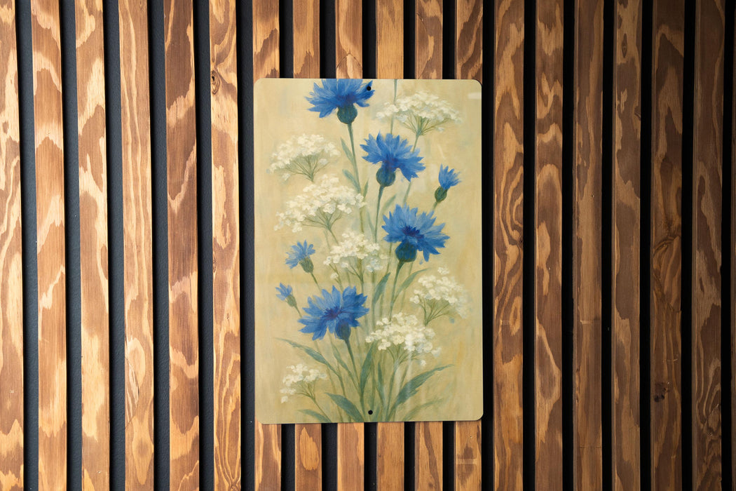 a painting of blue flowers on a wooden wall