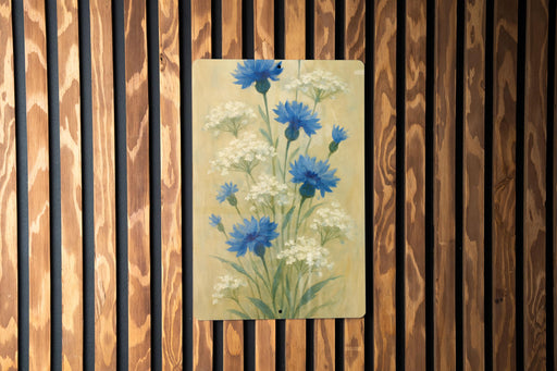 a painting of blue flowers on a wooden wall