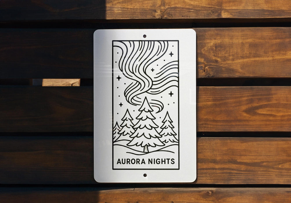 a white sign on a wooden wall that says aurora nights