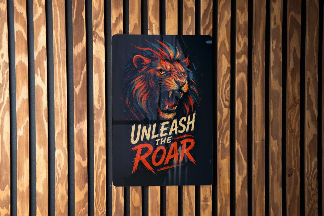 a sign on a wooden wall that says unleash the roar